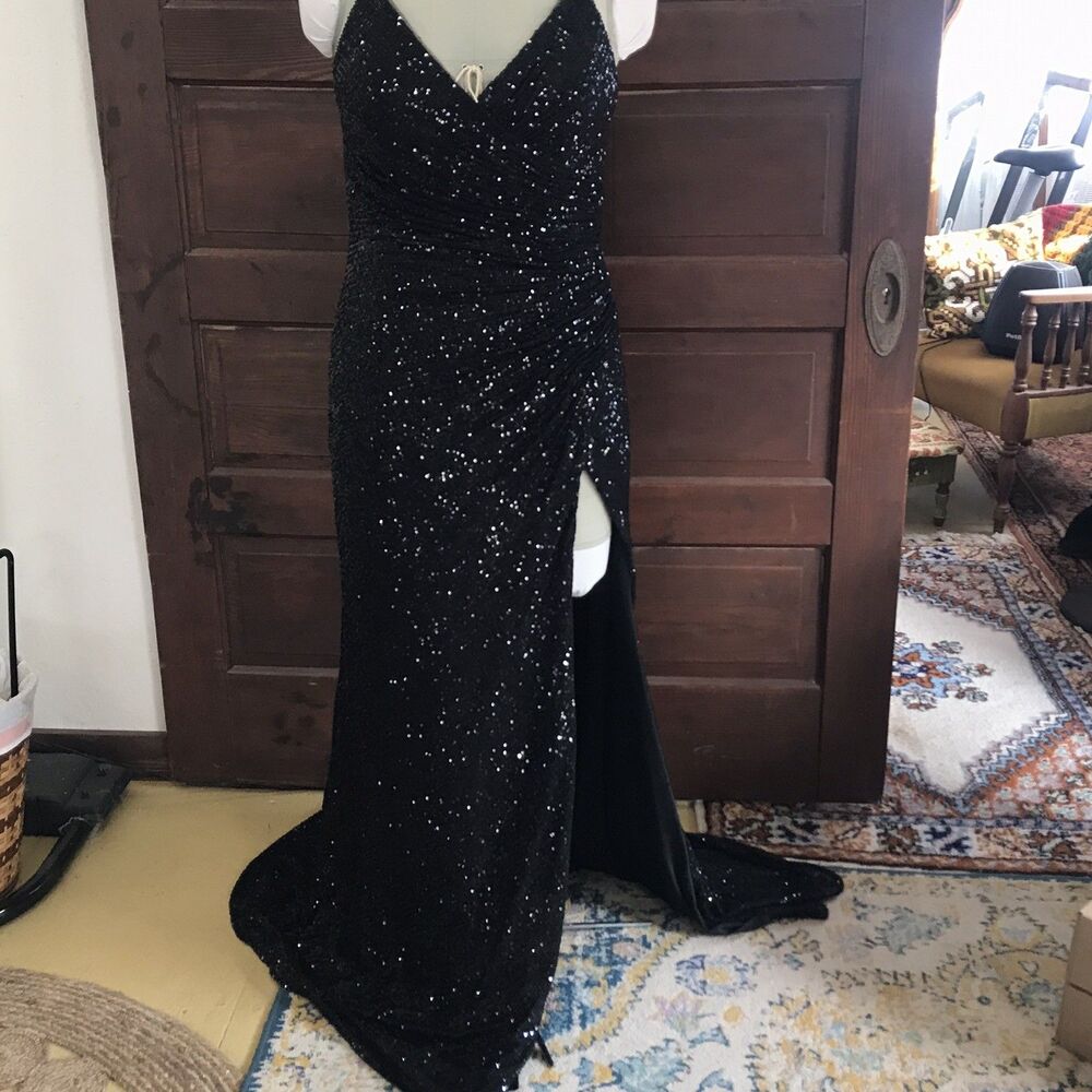 Cinderella Divine Dress Women's Size 2xl Black Sequin Open Back Train Spaghetti
